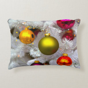 White Christmas Tree With Colourful Baubles Accent Pillow