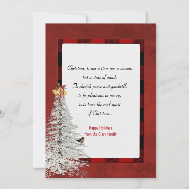 White Christmas tree with greetings on plaid Holiday Card (Front)