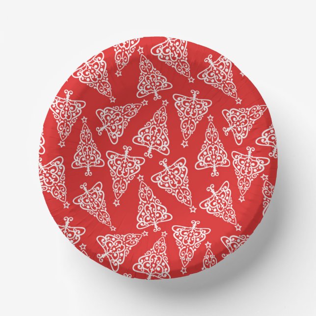 White Christmas Tree with Red Backing  Paper Plate (Front)