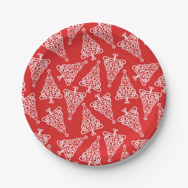 White Christmas Tree with Red Backing Round  Paper Plate (Front)
