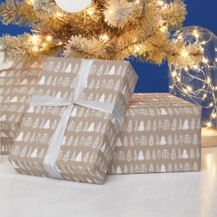 White Christmas Trees Pattern Brown Wrapping Paper
