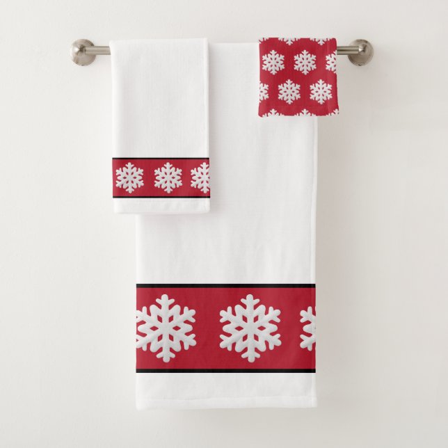 White Christmas Winter Snowflakes on Red Bath Towel Set (Insitu)