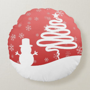 White Christmas Winter Wonderland Snowman Tree Round Pillow