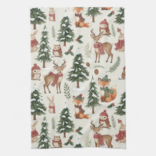 White Christmas Woodland Fox Deer Bunny Pattern Kitchen Towel