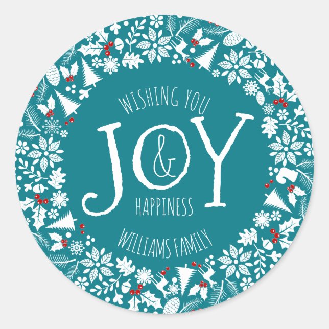 White Christmas Wreath Joy Text Template Classic Round Sticker (Front)