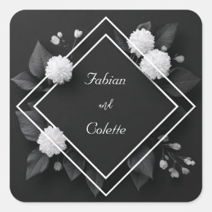 White Chrysanthemum & Black Diamond Frame Wedding Square Sticker