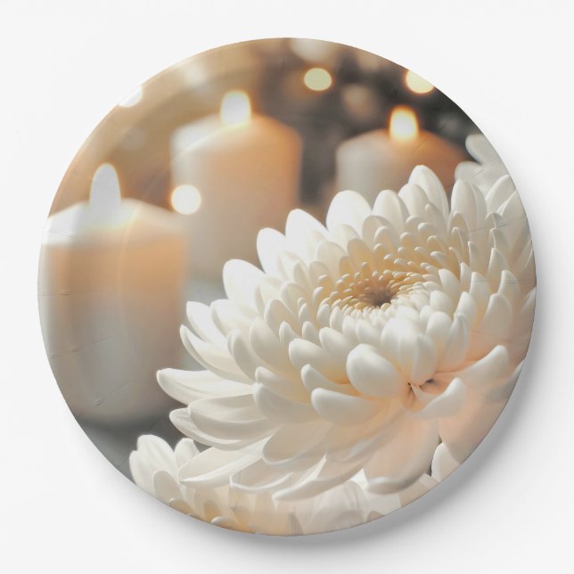 White Chrysanthemum Flower and Candles Paper Plate (Front)