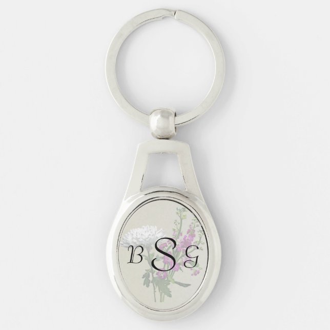 White Chrysanthemums and Purple Snapdragons Keychain (Front)