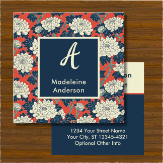 White Chrysanthemums on Navy n Red Japanese Look Square Business Card