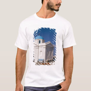 White church on the beach near the Aegean Sea on T-Shirt