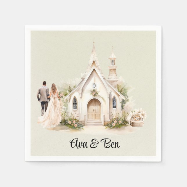 White Church Watercolor Wedding Napkin (Front)