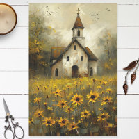 White Church Yellow Wildflowers Rustic Decoupage