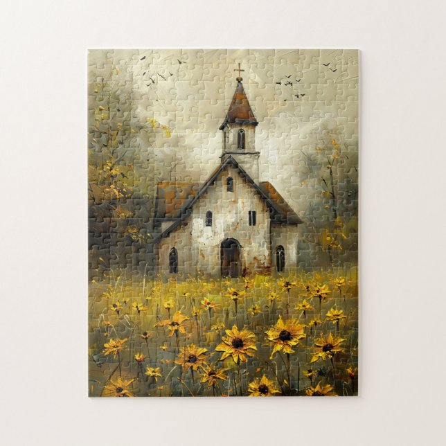 White Church Yellow Wildflowers Rustic Jigsaw Puzzle (Vertical)