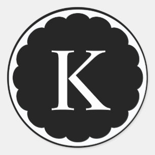 White Circle Scallop Framed Monogram Classic Round Sticker