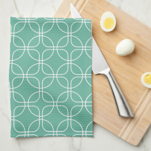 White Circles And Squares On Turquoise Mid-Century Kitchen Towel