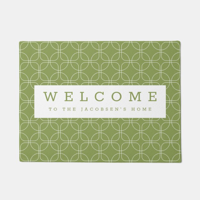White Circles Squares Green Personalized Welcome Doormat (Front)