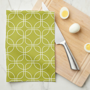 White Circles Squares On Avocado Green Mid-Century Kitchen Towel