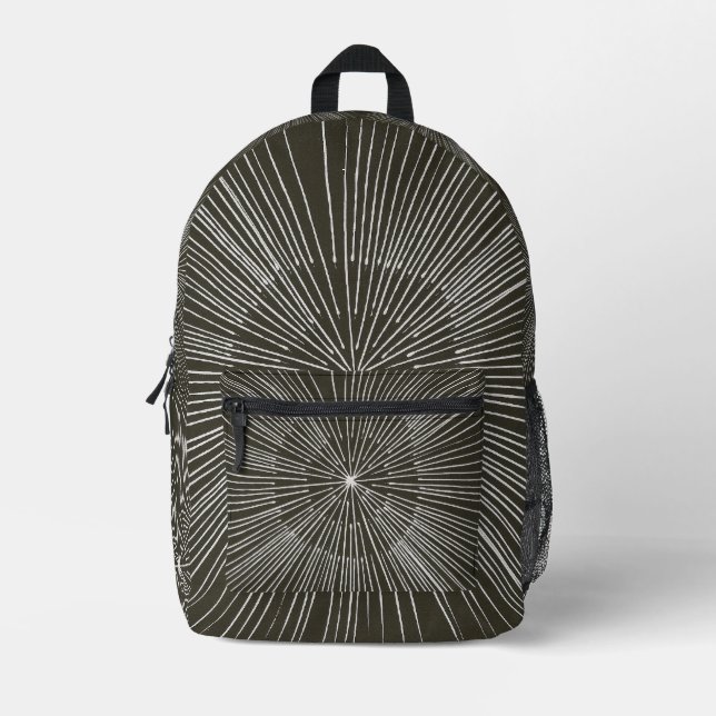 White Circular Spokes Pattern on Black Backpacks (Front)