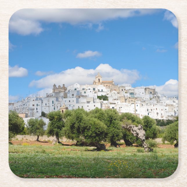 White city Ostuni with olive trees, Puglia coaster (Front)