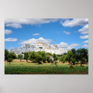 White city Ostuni with olive trees, Puglia poster