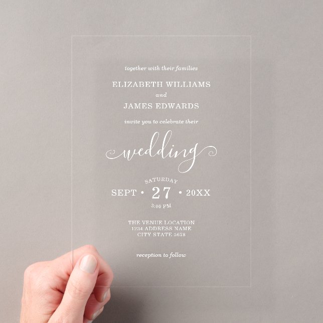 White Classic Bohemian Typography Wedding Acrylic Invitations (Insitu (Handheld))