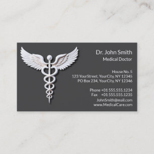 White Clean Detailed Caduceus Anthracite Medical Business Card