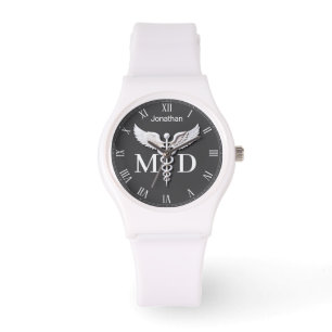 White Clean Detailed Caduceus Medical Doctor MD Watch