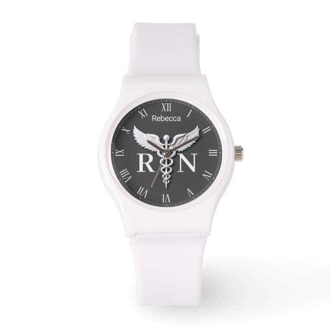 White Clean Medical Caduceus Registered Nurse RN Watch (Front)