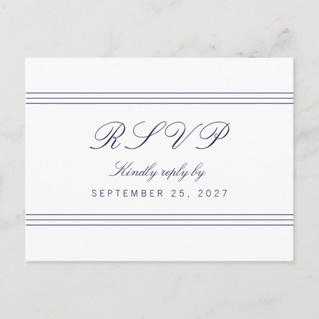 White Clean Navy Blue Lines Réponse RSVP Carte pos (Devant)