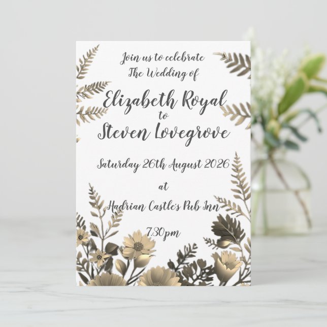 White Clear & Simple Light Golden Floral Wedding Invitation (Standing Front)
