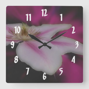 White Clematis Flower Square Wall Clock