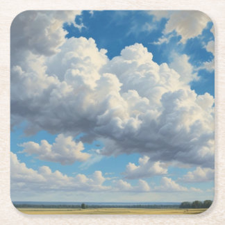 White Clouds and Clear Blue Sky Square Paper Coaster