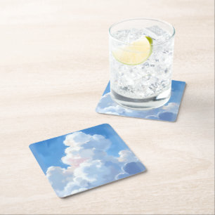 White Clouds Beautiful Blue Sky Watercolor Square Paper Coaster