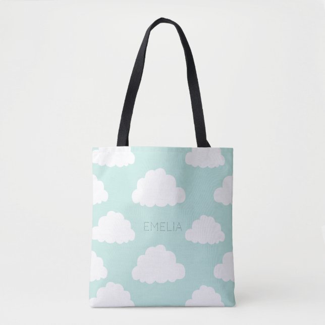 White Clouds Pattern Personalized Aqua Tote Bag (Front)