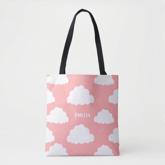 White Clouds Pattern Personalized Blush Pink Tote Bag (Front)