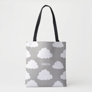 White Clouds Pattern Personalized Grey Tote Bag