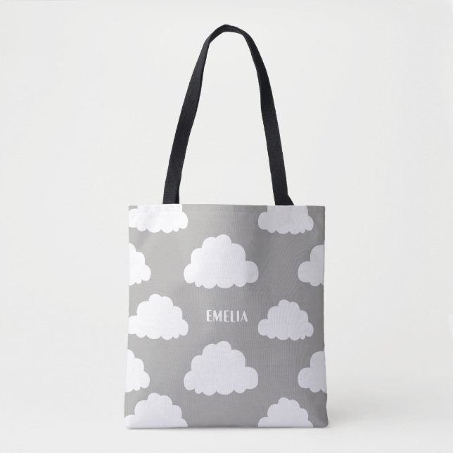 White Clouds Pattern Personalized Grey Tote Bag (Front)