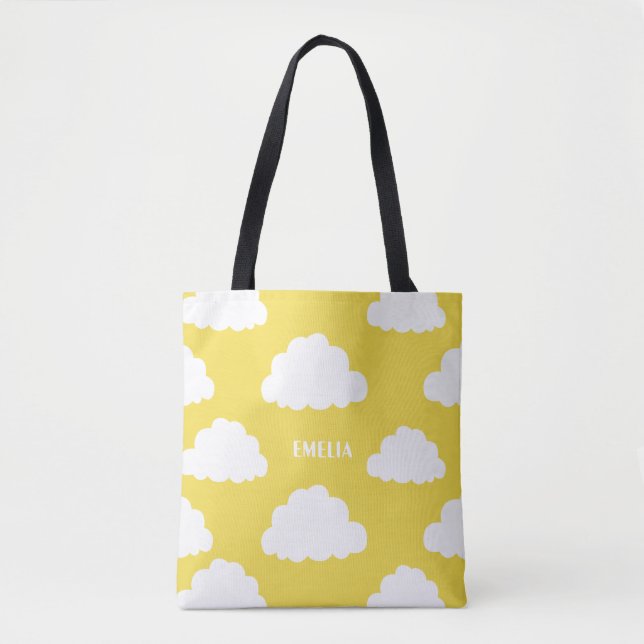 White Clouds Pattern Personalized Yellow Tote Bag (Front)