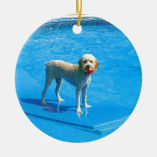 White Cockapoo Dog Swimming on a Raft Ceramic Ornament