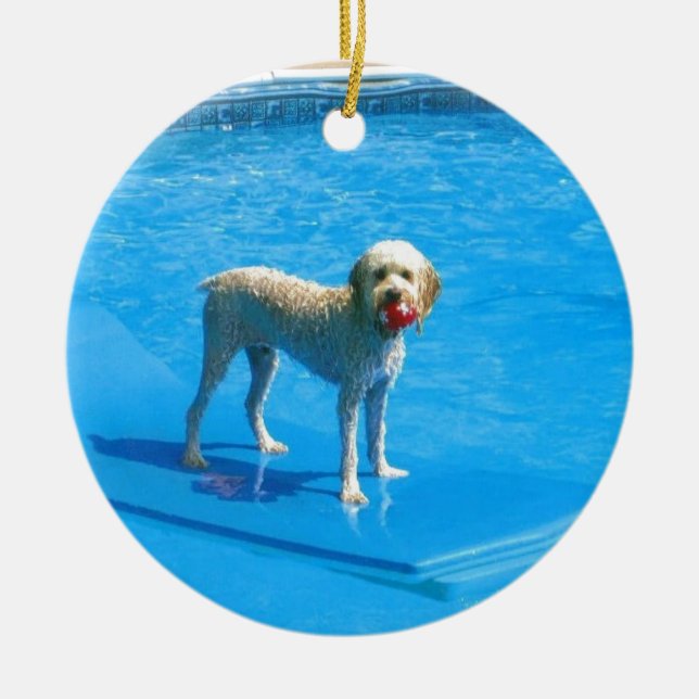 White Cockapoo Dog Swimming on a Raft Ceramic Ornament (Front)