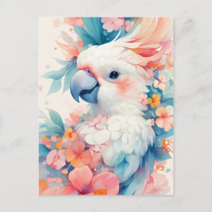 White Cockatoo Parrot with Pink Hibiscus Flower Postcard