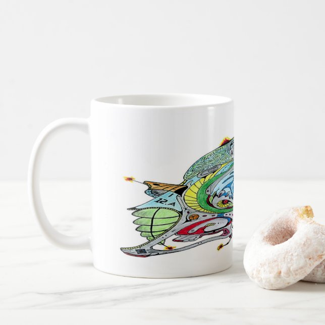 White Coffee Mug With Spaceship Art 1 A.1 (With Donut)
