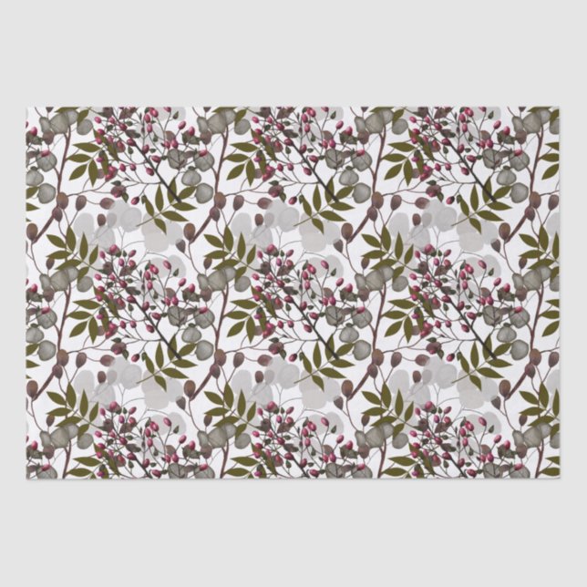 White Coin Flowers Red Berries Green Leaves  Tissue Paper (Front)