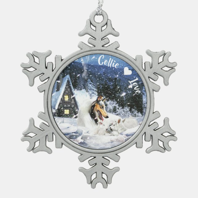 White Collie & Lambs in Fairytale Snowy Night - Snowflake Pewter Christmas Ornament (Front)