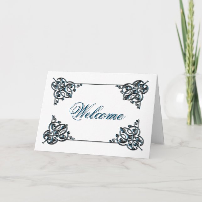 White Colour with Metal Swirl Border Welcome Card (Front)
