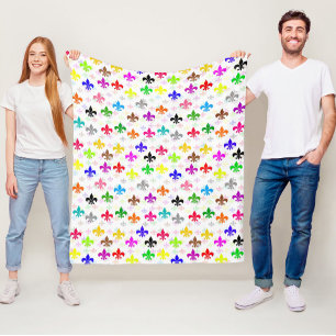 White Colourful Fleur-de-lis Pattern Design Fleece Blanket