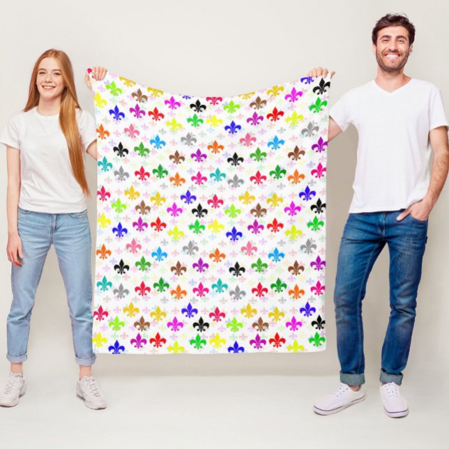 White Colourful Fleur-de-lis Pattern Design Fleece Blanket (Creator Uploaded)