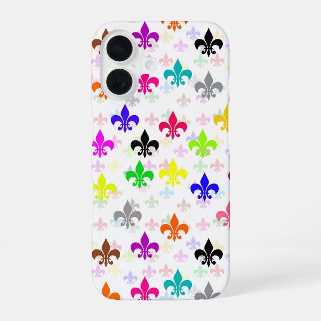 White Colourful Fleur-de-lis Pattern Design iPhone 16 Case (Back)
