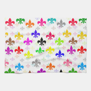 White Colourful Fleur-de-lis Pattern Design Kitchen Towel