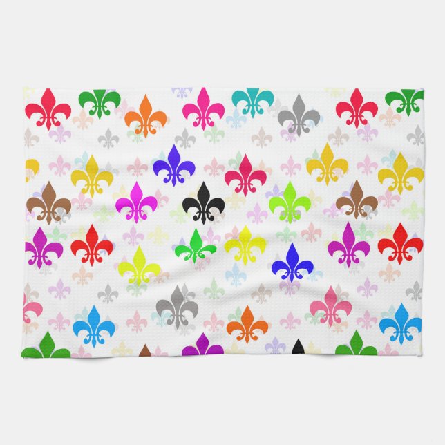 White Colourful Fleur-de-lis Pattern Design Kitchen Towel (Horizontal)